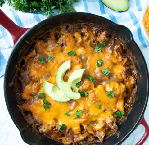 Baked Chicken Fajita Skillet with Avocado on top