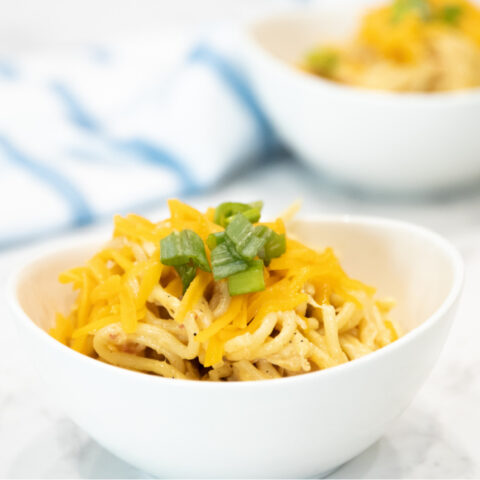 Slow cooker chicken spaghetti dipped into a bowl with green onions on top