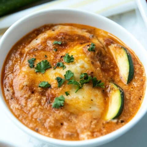 Zucchini Lasagna baked and dipped in a bowl