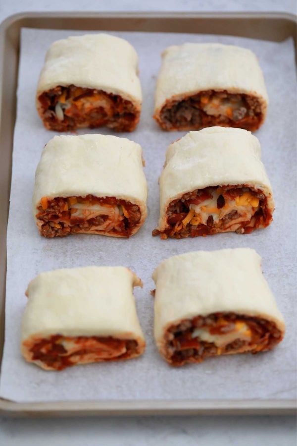 burger pinwheels on a baking sheet