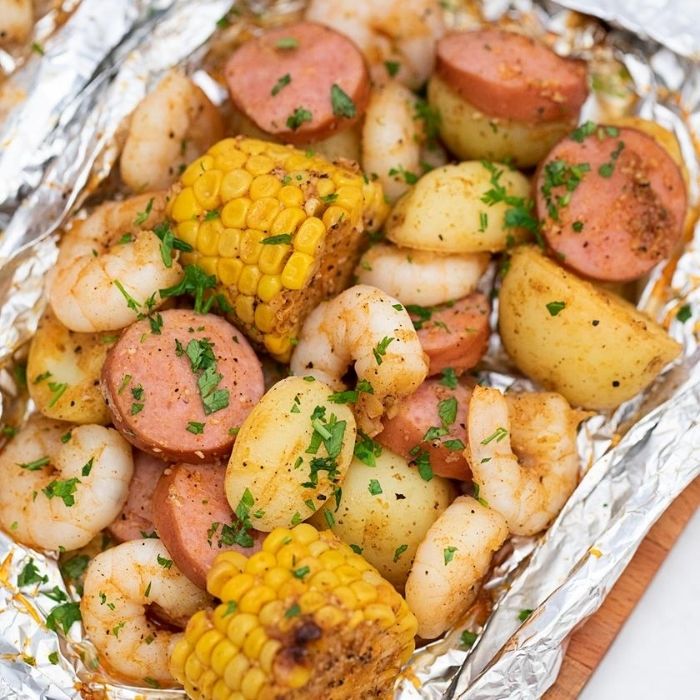 shrimp boil packet on aluminum foil