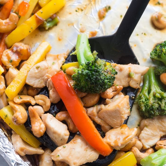 healthy cashew chicken on a sheet pan 