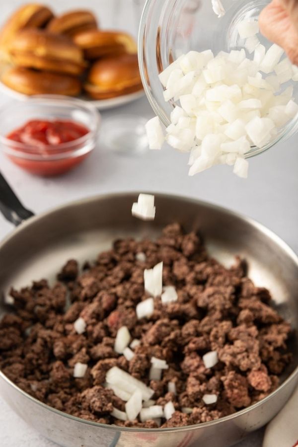 ground beef and onion in skillet
