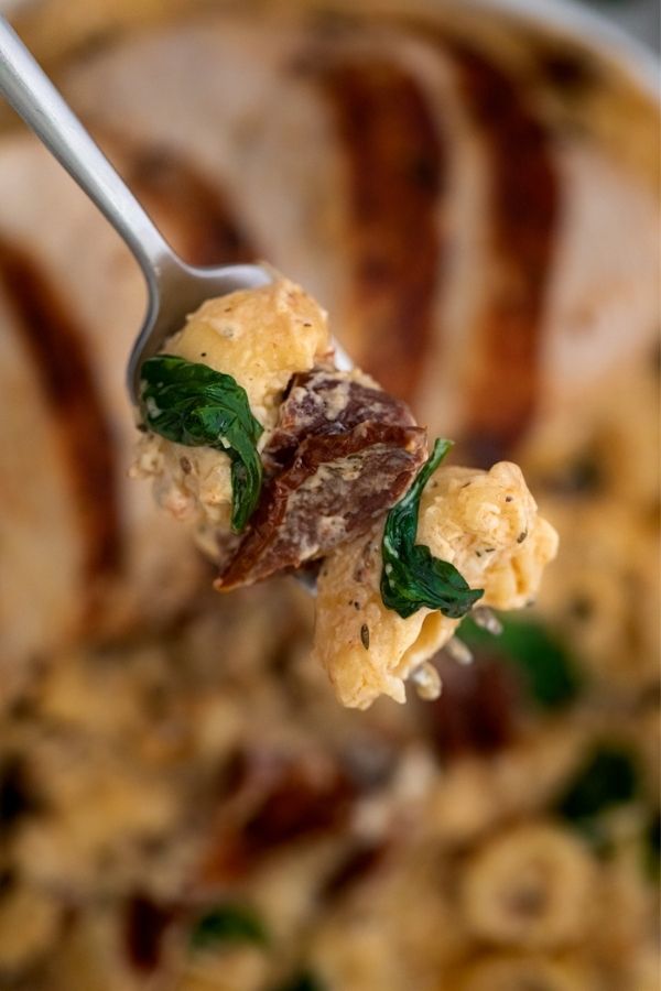 Tuscan Chicken Pasta on a fork over a bowl of the pasta 