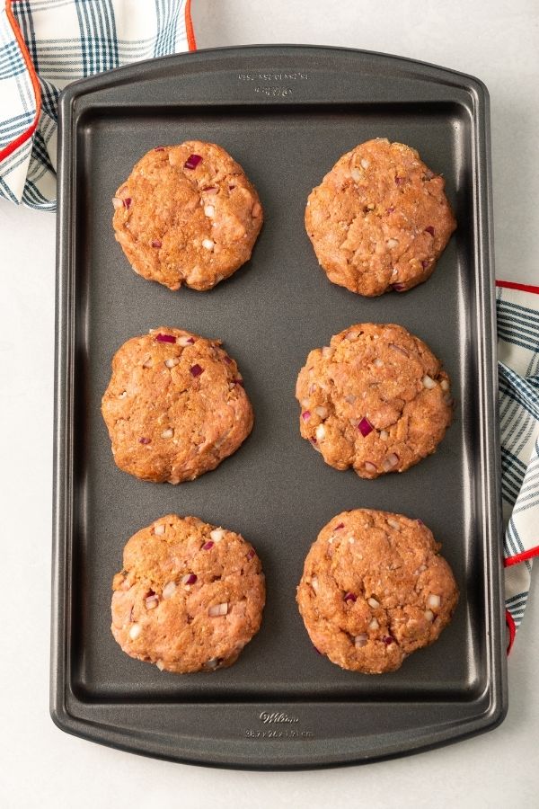 turkey patties on baking sheet 