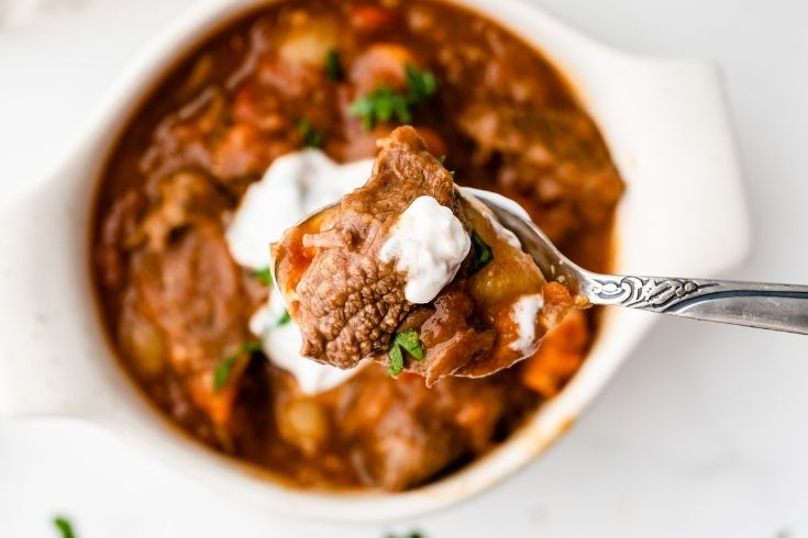 bowl of Hungarian Goulash with spoonful