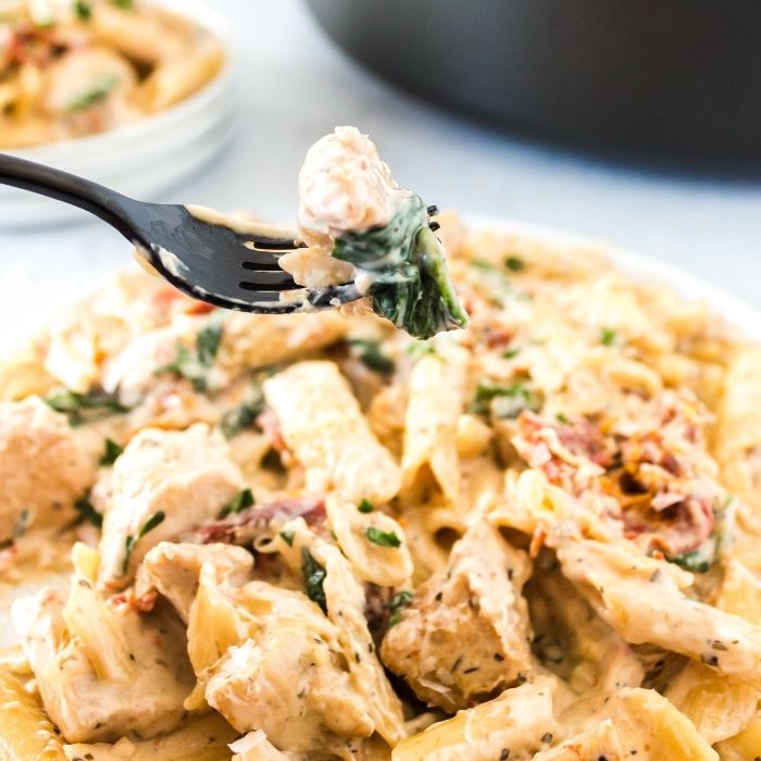 chicken pasta with a black fork in pasta 