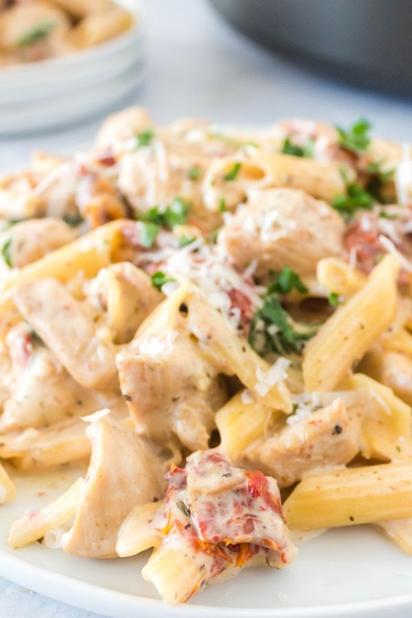 creamy pasta dinner plated up 