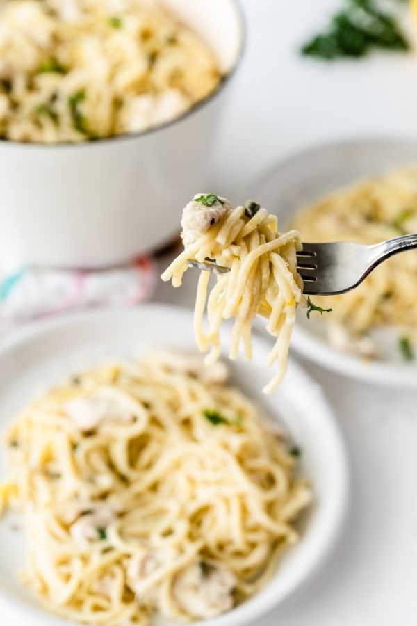 plate of chicken pasta with fork