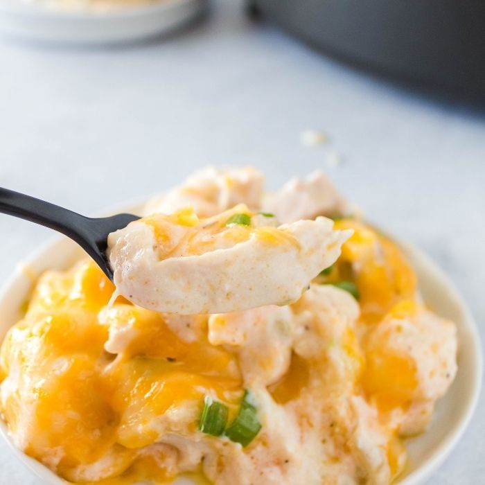bowl of chicken cheesy dish with fork bite