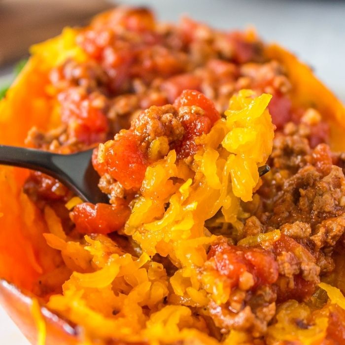 fork with spaghetti squash and meat sauce 