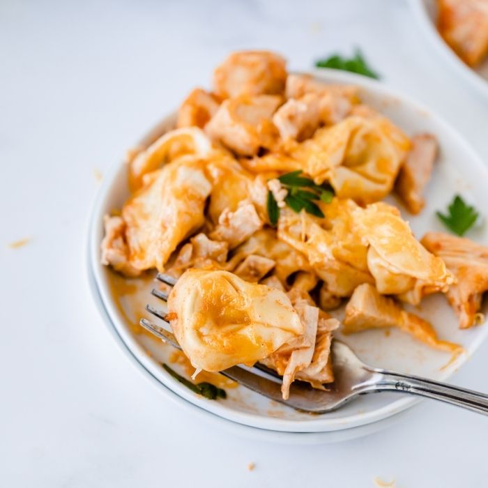 tortellini bake on a plate with fork