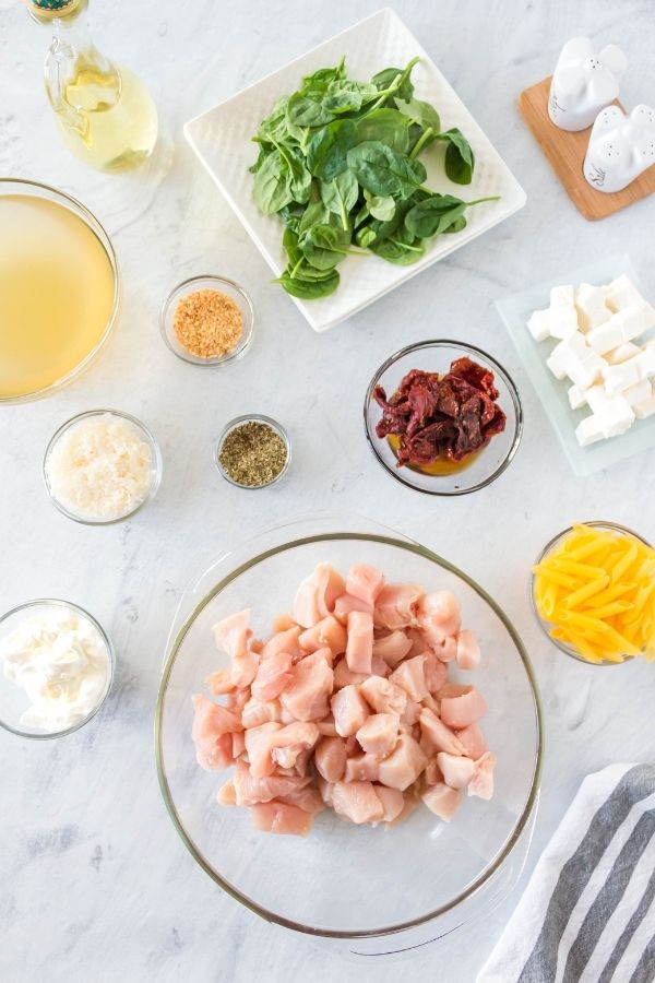 chicken and pasta ingredients on counter 