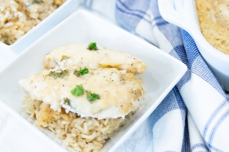 chicken and rice on a square plate