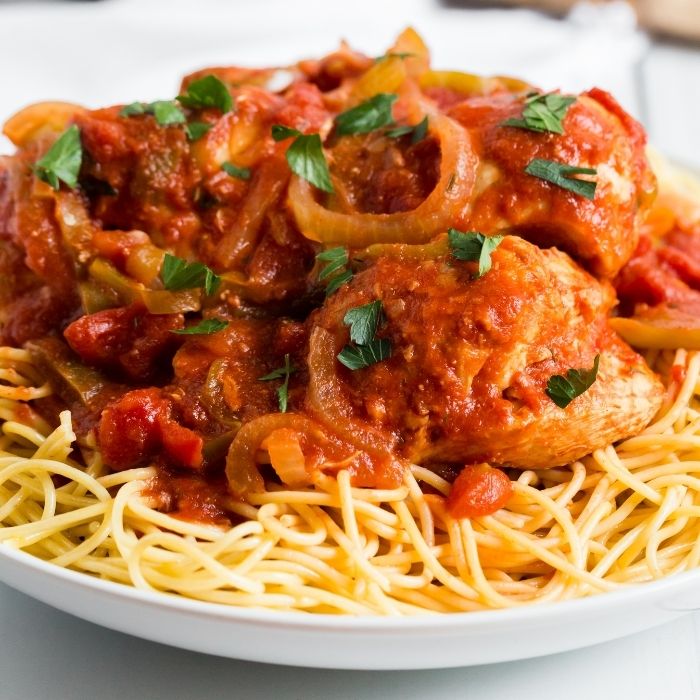 chicken cacciatore close up in a bowl 