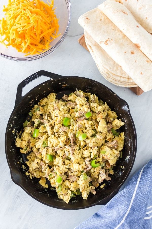 skillet with egg and sausage mixture 