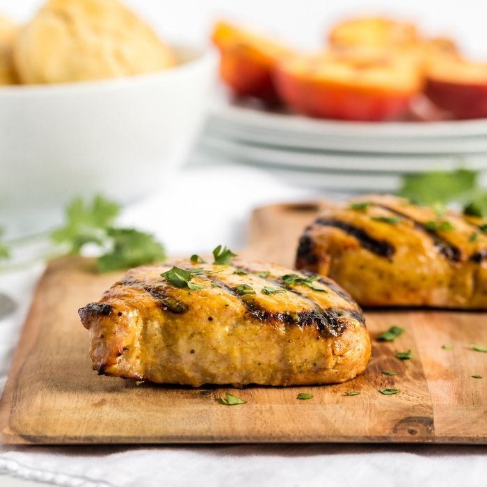 easy pork chops that were marinated on platter