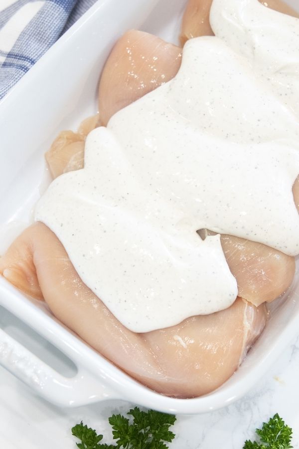 oven baked chicken with mixture on top