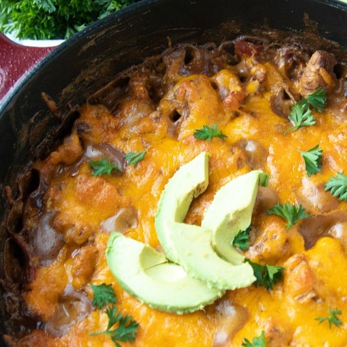 close up of chicken fajita bake in skillet