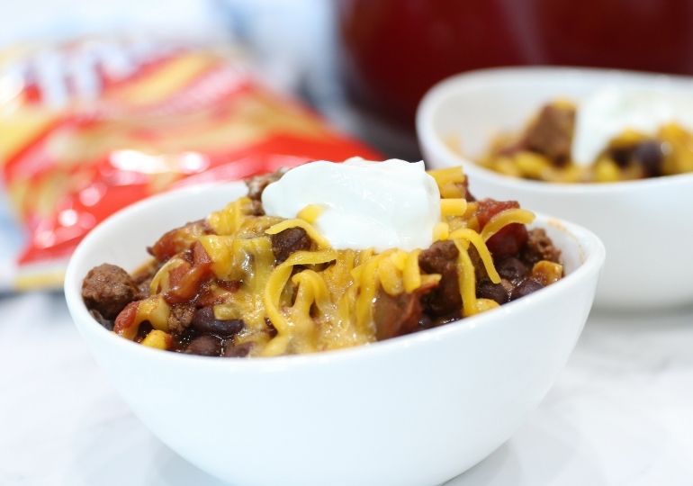 taco ground beef soup in a white bowl
