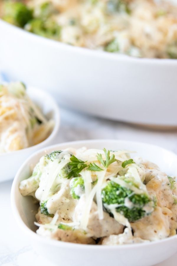 tortellini casserole in bowls on counter 