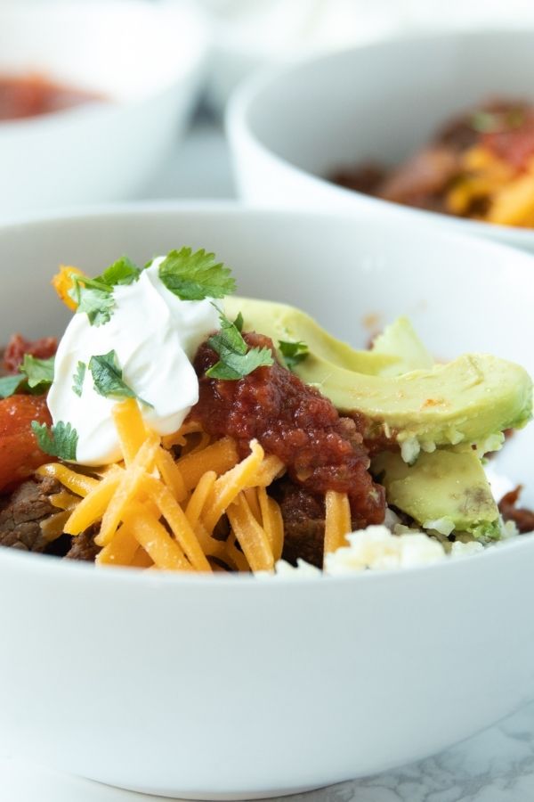 bowl of fajita mix with all the toppings