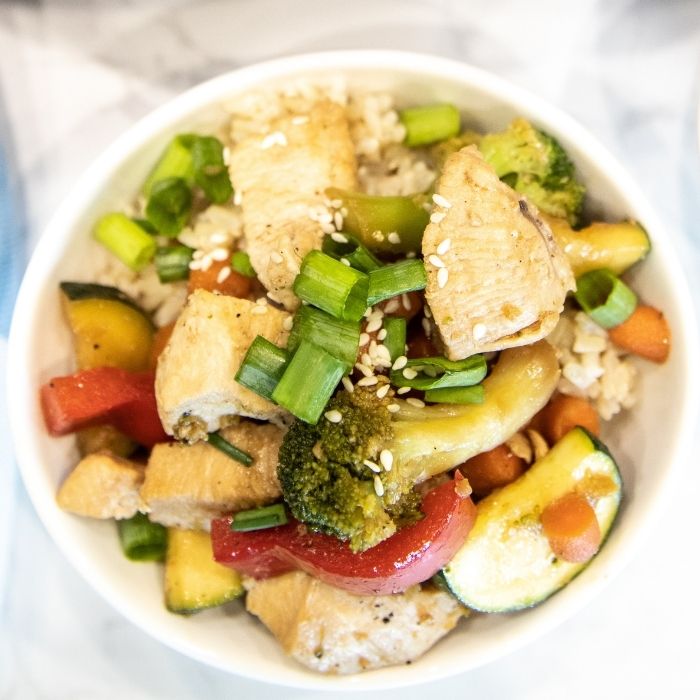 bowl with chicken and rice mixture 